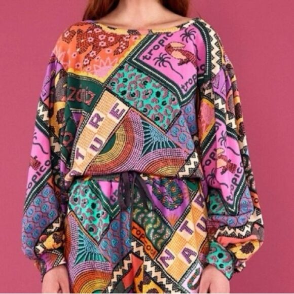 NEW FARM Rio Dotted Patch Scarf Sweatshirt Puff Sleeves Tropical Colorful Size M - Picture 3 of 15